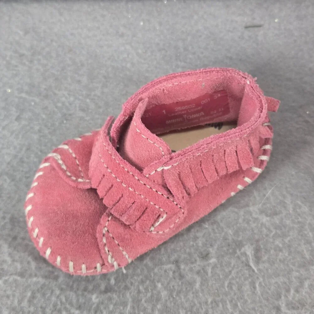 Minnetonka Pink Moccasin Fringe Booties, Infant Girls, Leather, Size 1